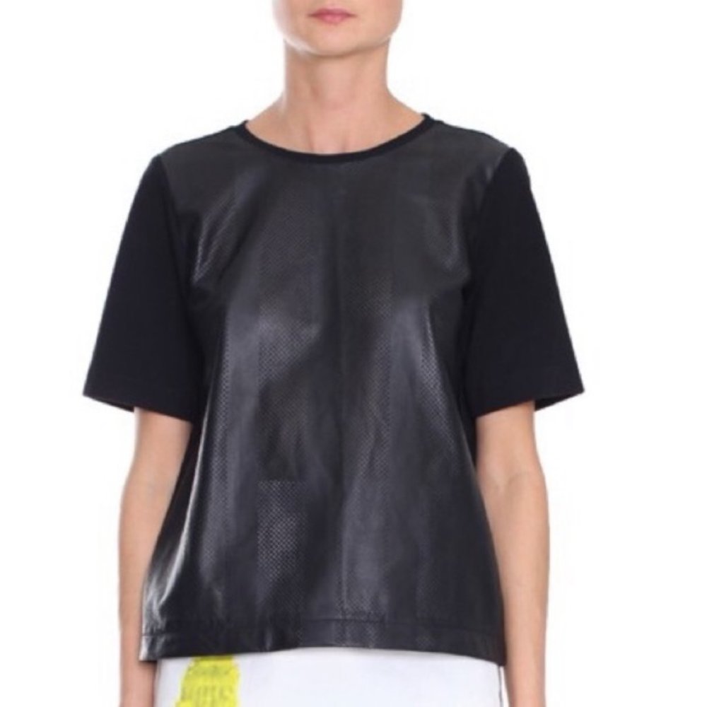 NWT Tibi Black Perforated Leather Short Sleeve Cocktail Casual Top T-shirt Tee